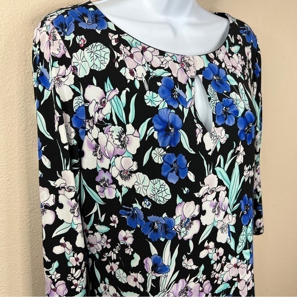 Medium Liz Claiborne Blue Floral Stretch Midi Lined Event Party Cocktail - Picture 5 of 11